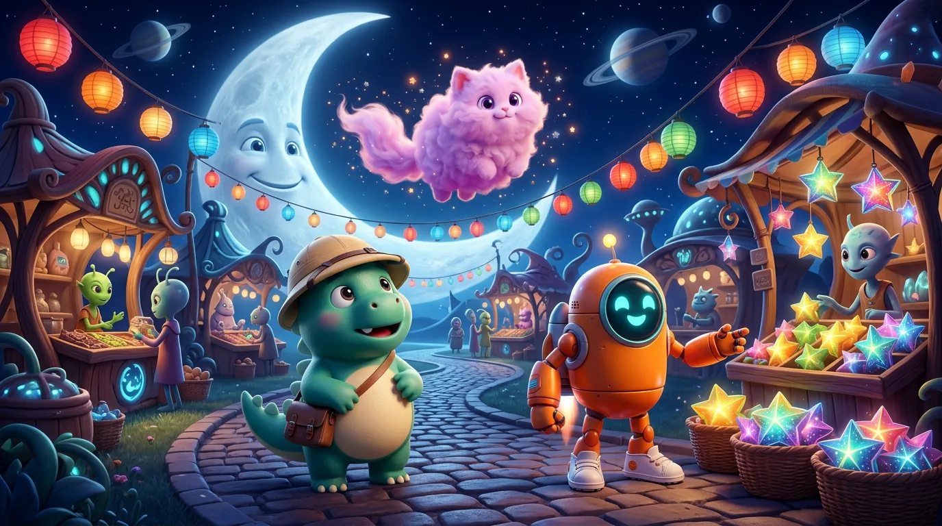 Bonk, Rook and Coco exploring a lantern-lit night market on the moon