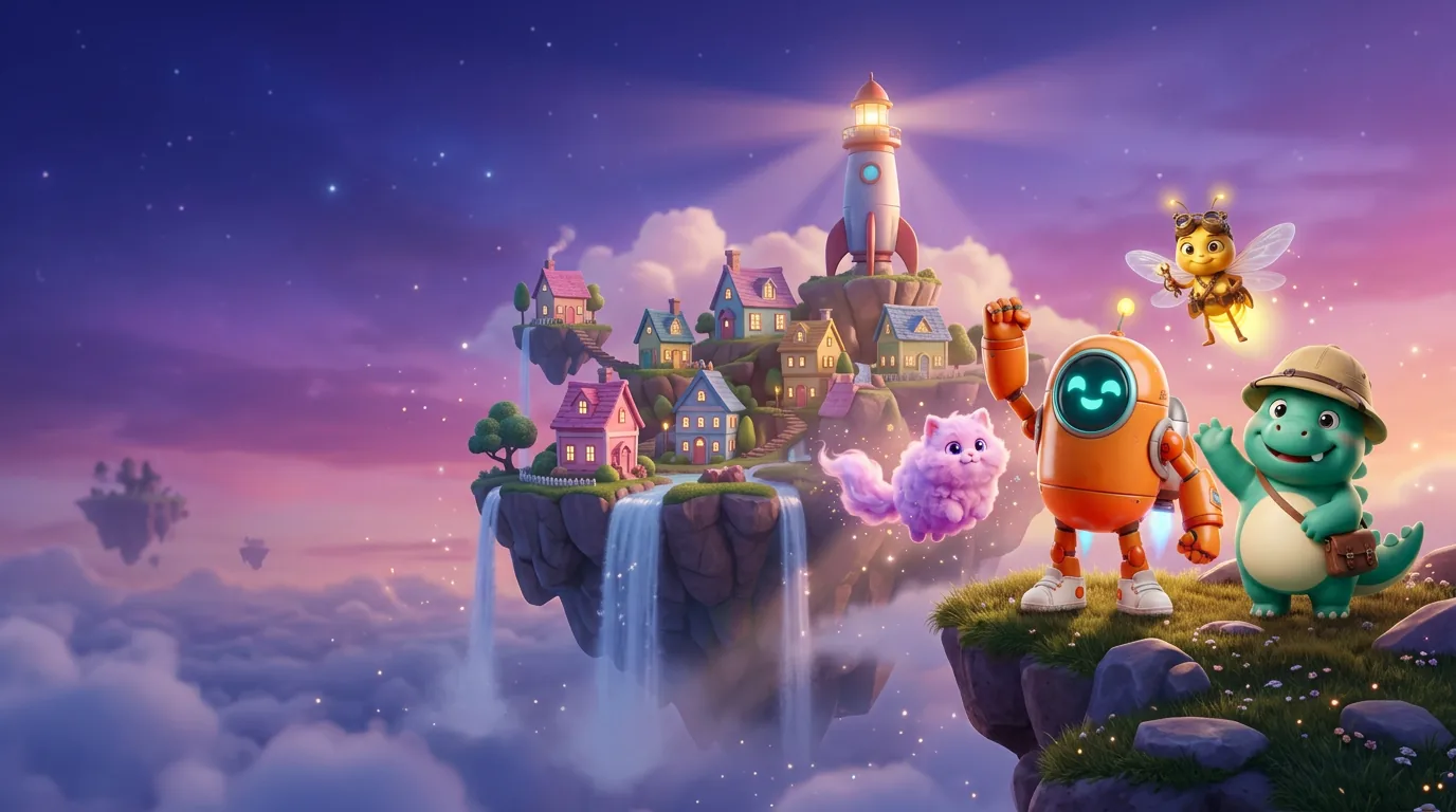 Rook, Coco, Bonk and Pip standing on a cliff of a floating island town at twilight